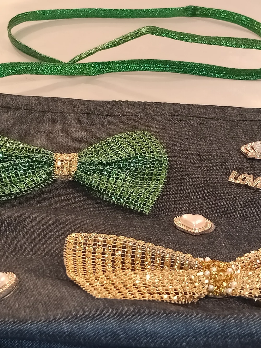 Denim Handbag Multipurpose Green Crystal Bow Accent Crossbody Bag - Unbranded